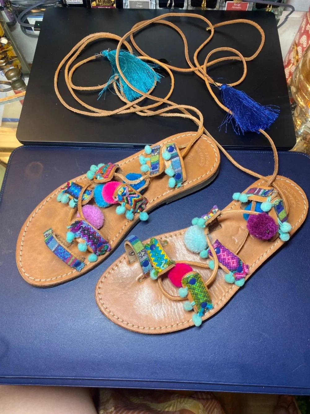 Greek Artisan Leather Gladiator Lace Up Boho Festival Pom Pom Sandals Size US 8